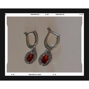New~925 SS Oval Garnet & White Sapphire Gemstone Leverback Dangle Earrings